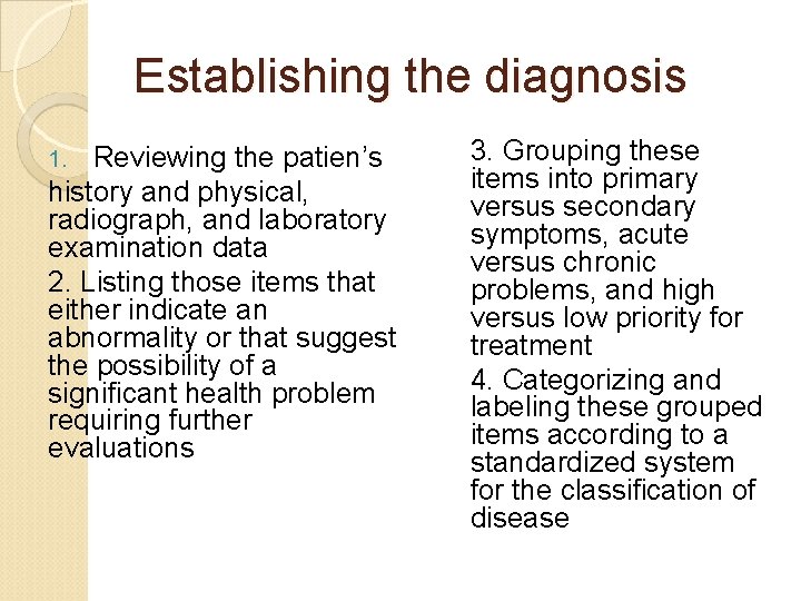 Establishing the diagnosis Reviewing the patien’s history and physical, radiograph, and laboratory examination data