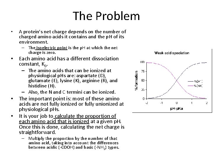 The Problem • A protein’s net charge depends on the number of charged amino