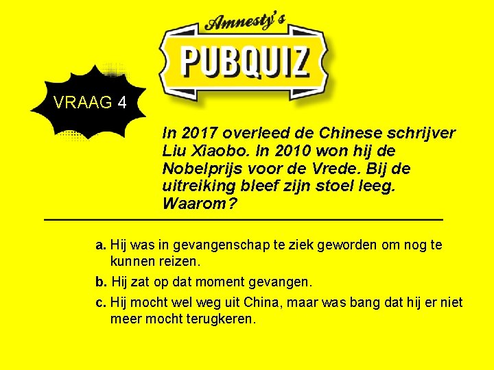  VRAAG 4 In 2017 overleed de Chinese schrijver Liu Xiaobo. In 2010 won