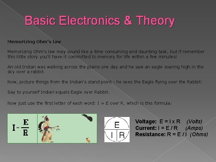 Basic Electronics & Theory Memorizing Ohm's law may sound like a time consuming and