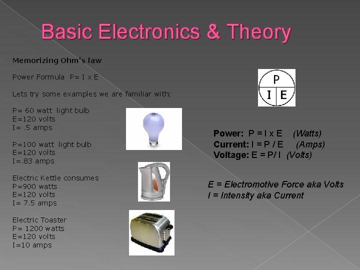 Basic Electronics & Theory Memorizing Ohm's law Power Formula P= I x E Lets