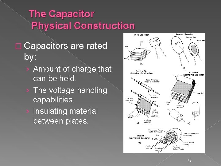 The Capacitor Physical Construction � Capacitors are rated by: › Amount of charge that