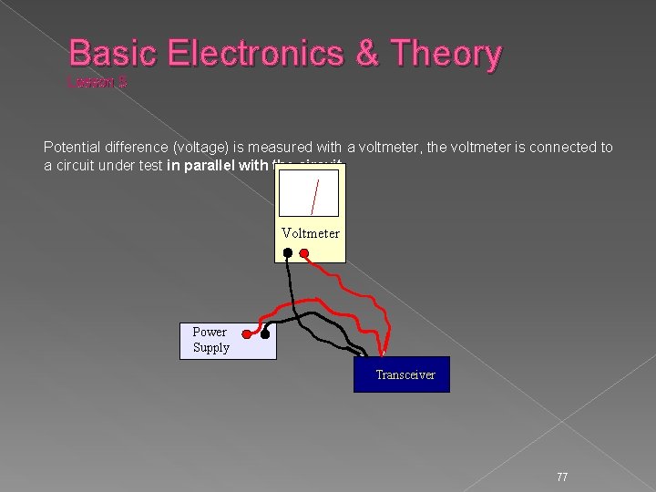 Basic Electronics & Theory Lesson 5 Potential difference (voltage) is measured with a voltmeter,