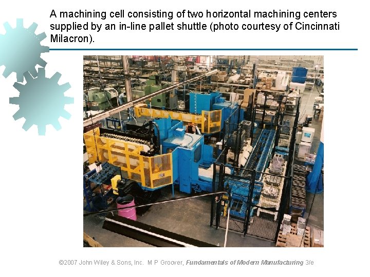 A machining cell consisting of two horizontal machining centers supplied by an in-line pallet