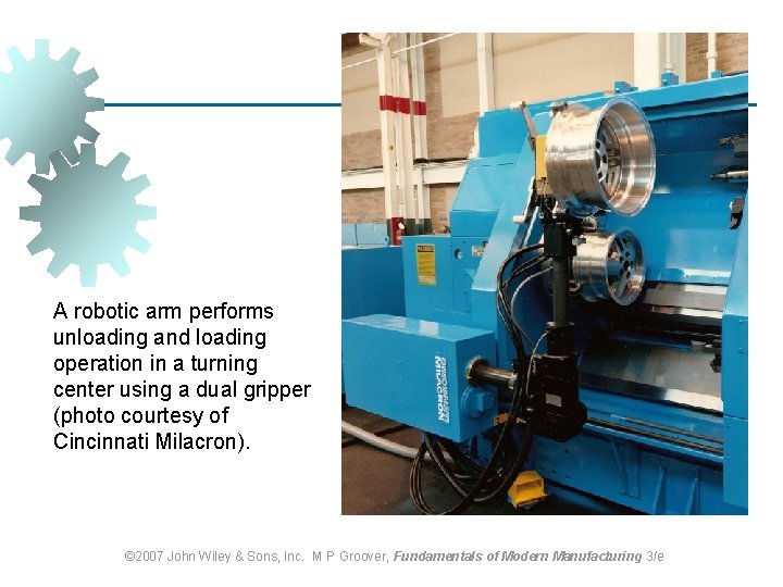 A robotic arm performs unloading and loading operation in a turning center using a
