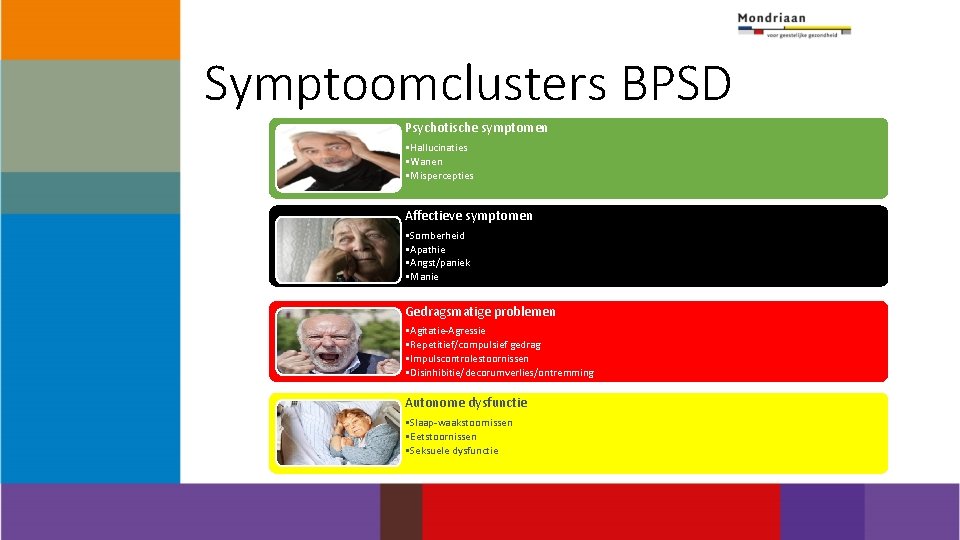 Symptoomclusters BPSD Psychotische symptomen • Hallucinaties • Wanen • Mispercepties Affectieve symptomen • Somberheid
