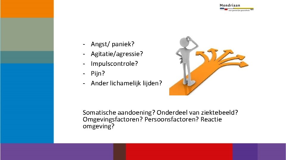 - Angst/ paniek? Agitatie/agressie? Impulscontrole? Pijn? Ander lichamelijk lijden? Somatische aandoening? Onderdeel van ziektebeeld?