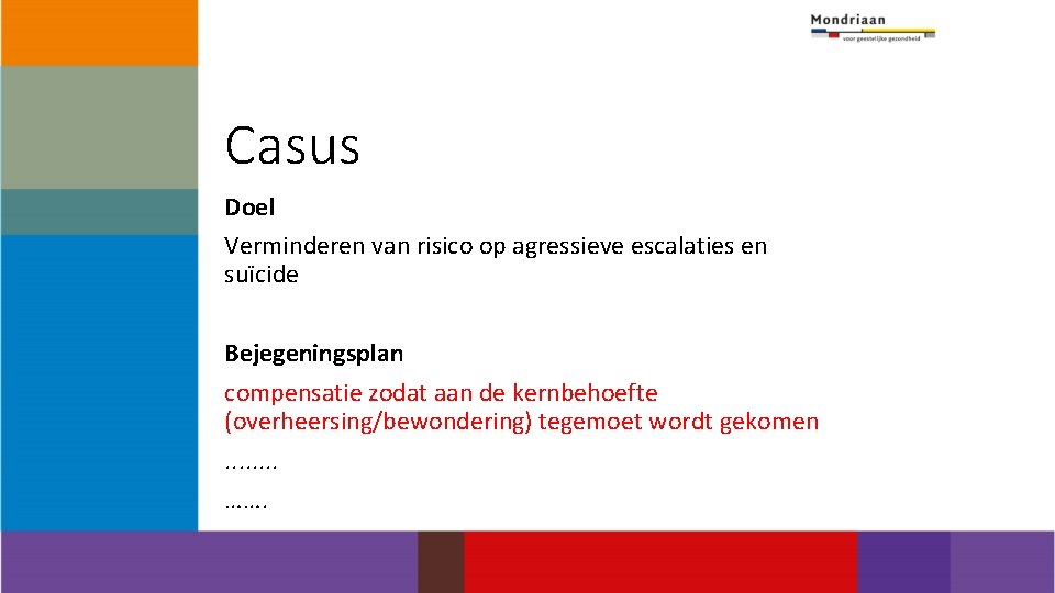 Casus Doel Verminderen van risico op agressieve escalaties en suïcide Bejegeningsplan compensatie zodat aan