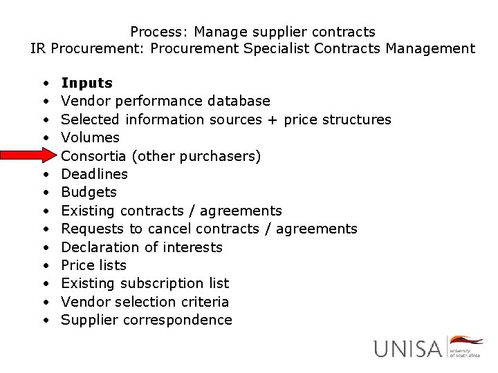 Process: Manage supplier contracts IR Procurement: Procurement Specialist Contracts Management • • • •