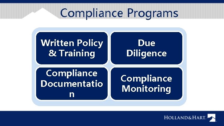 Compliance Programs Written Policy & Training Due Diligence Compliance Documentatio n Compliance Monitoring 