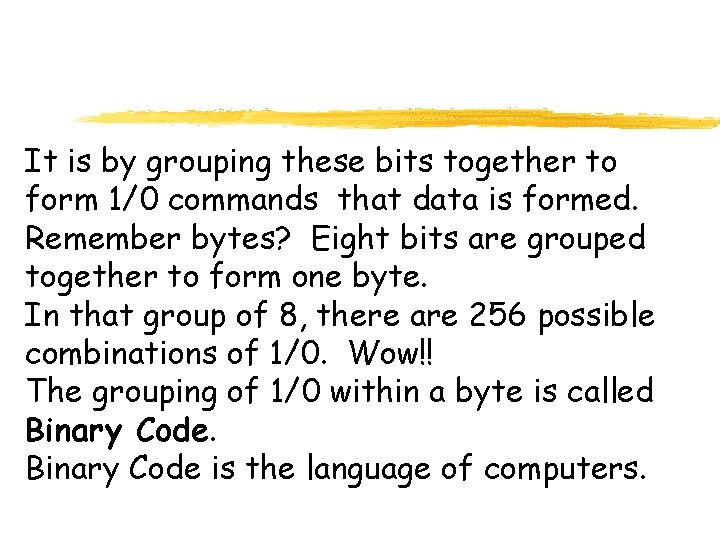 It is by grouping these bits together to form 1/0 commands that data is