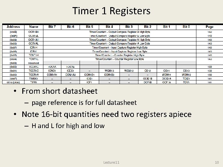 Timer 1 Registers • From short datasheet – page reference is for full datasheet