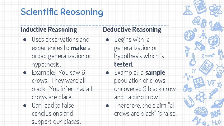 Scientific Reasoning Inductive Reasoning ● Uses observations and experiences to make a broad generalization