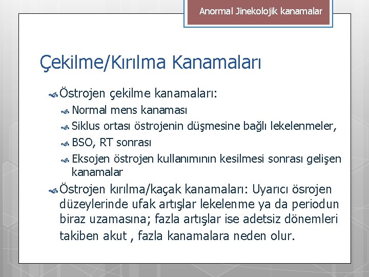 Anormal Jinekolojik kanamalar Çekilme/Kırılma Kanamaları Östrojen çekilme kanamaları: Normal mens kanaması Siklus ortası östrojenin