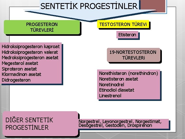 SENTETİK PROGESTİNLER PROGESTERON TÜREVLERİ Hidroksiprogesteron kaproat Hidroksiprogesteron valerat Medroksiprogesteron asetat Megesterol asetat Siproteron asetat