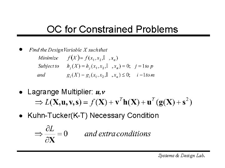 OC for Constrained Problems · · Lagrange Multiplier: u, v · Kuhn-Tucker(K-T) Necessary Condition