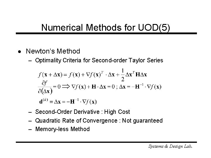 Numerical Methods for UOD(5) · Newton’s Method – Optimality Criteria for Second-order Taylor Series