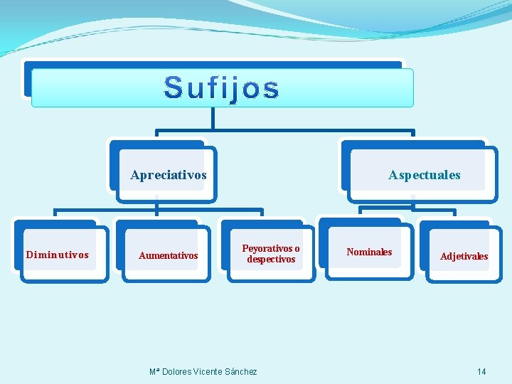 Apreciativos Diminutivos Aumentativos Aspectuales Peyorativos o despectivos Mª Dolores Vicente Sánchez Nominales Adjetivales 14