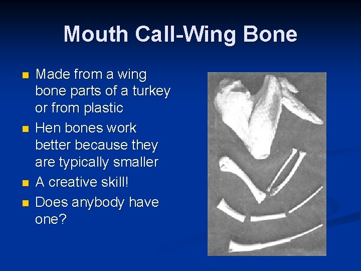 Mouth Call-Wing Bone n n Made from a wing bone parts of a turkey