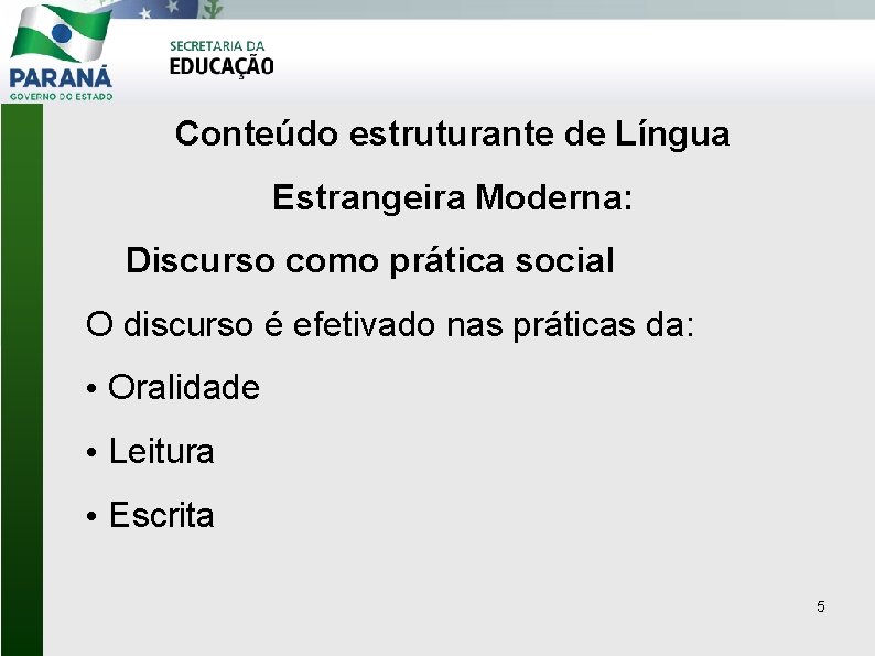 Conteúdo estruturante de Língua Estrangeira Moderna: Discurso como prática social O discurso é efetivado