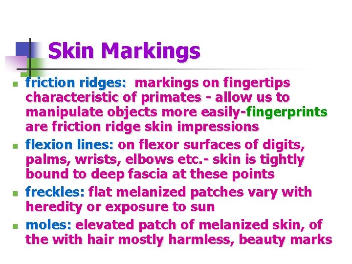 Skin Markings n n friction ridges: markings on fingertips characteristic of primates - allow