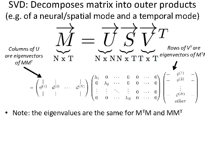 SVD: Decomposes matrix into outer products (e. g. of a neural/spatial mode and a