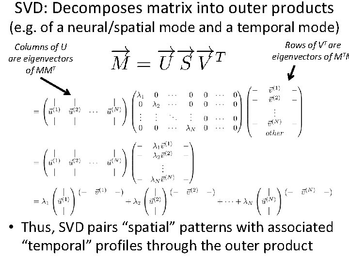 SVD: Decomposes matrix into outer products (e. g. of a neural/spatial mode and a