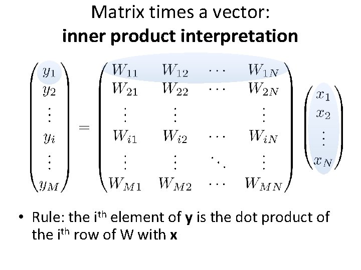 Matrix times a vector: inner product interpretation • Rule: the ith element of y