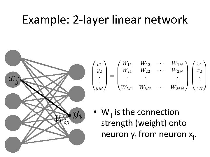 Example: 2 -layer linear network • Wij is the connection strength (weight) onto neuron