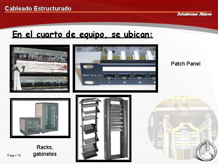 Cableado Estructurado Subsistemas Básicos En el cuarto de equipo, se ubican: Patch Panel Page