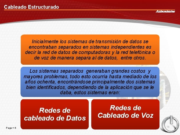 Cableado Estructurado Antecedentes Inicialmente los sistemas de transmisión de datos se encontraban separados en
