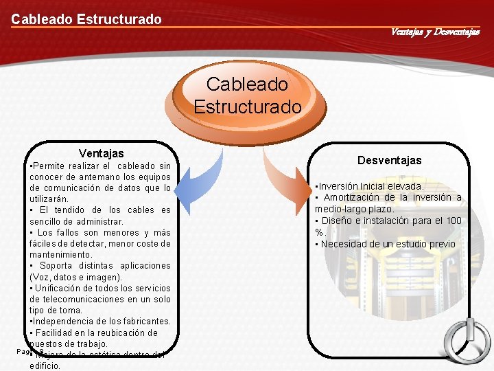 Cableado Estructurado Ventajas y Desventajas Cableado Estructurado Ventajas • Permite realizar el cableado sin