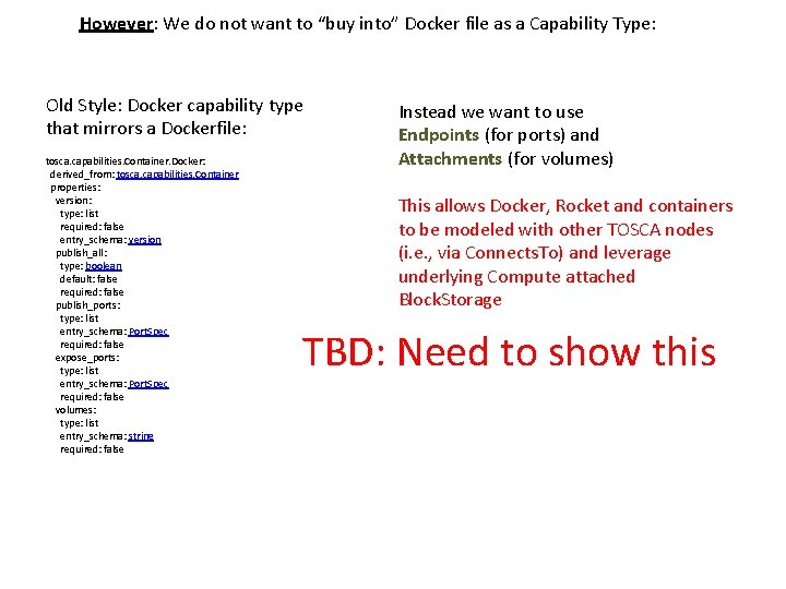 However: We do not want to “buy into” Docker file as a Capability Type: