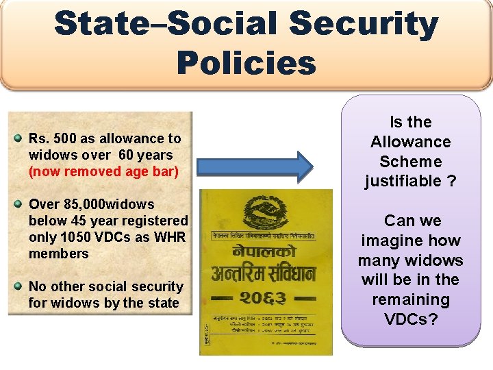 State–Social Security Policies Rs. 500 as allowance to widows over 60 years (now removed