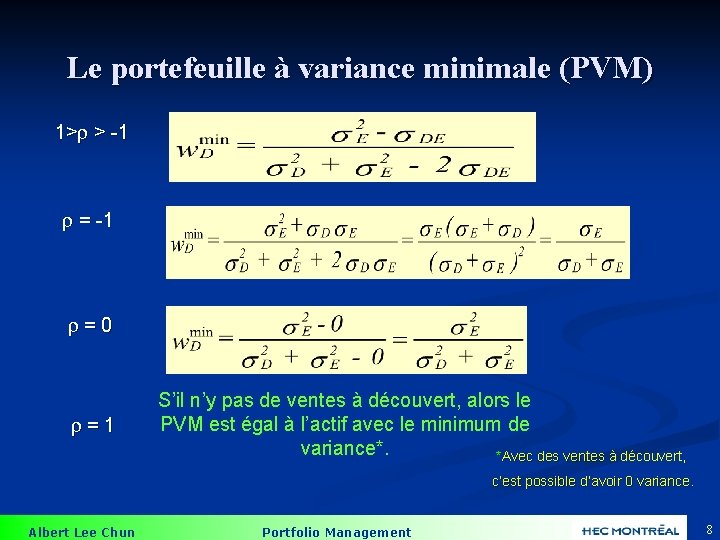 Le portefeuille à variance minimale (PVM) 1> > -1 =0 =1 S’il n’y pas