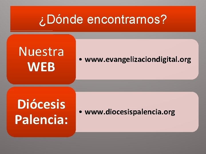 ¿Dónde encontrarnos? Nuestra WEB Diócesis Palencia: • www. evangelizaciondigital. org • www. diocesispalencia. org