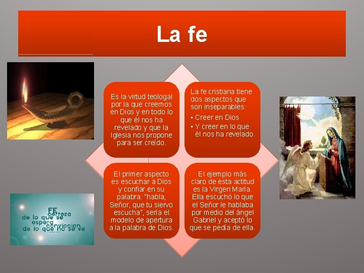 La fe Es la virtud teologal por la que creemos en Dios y en