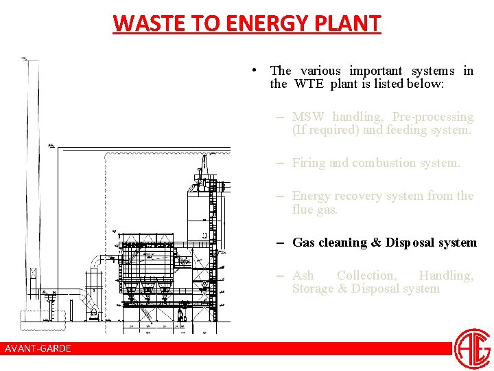 WASTE TO ENERGY PLANT • The various important systems in the WTE plant is