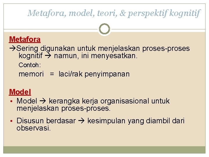 Metafora, model, teori, & perspektif kognitif Metafora Sering digunakan untuk menjelaskan proses-proses kognitif namun,