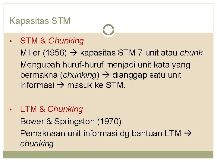Kapasitas STM • STM & Chunking Miller (1956) kapasitas STM 7 unit atau chunk