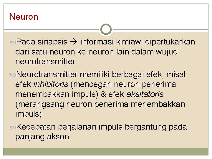 Neuron Pada sinapsis informasi kimiawi dipertukarkan dari satu neuron ke neuron lain dalam wujud