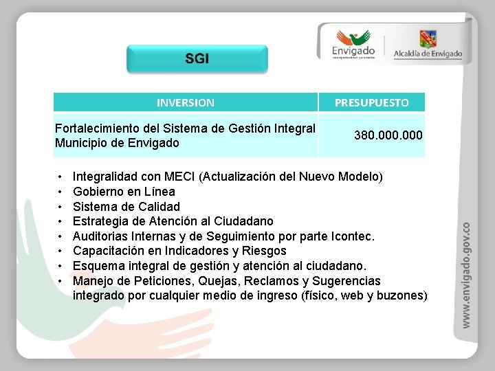 INVERSION Fortalecimiento del Sistema de Gestión Integral Municipio de Envigado • • PRESUPUESTO 380.