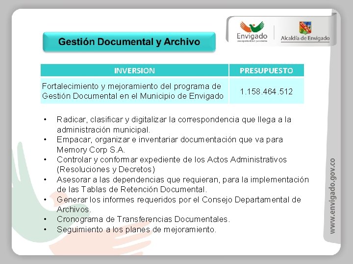 INVERSION PRESUPUESTO Fortalecimiento y mejoramiento del programa de Gestión Documental en el Municipio de