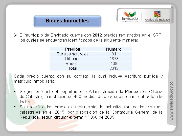 Bienes Inmuebles Ø El municipio de Envigado cuenta con 2012 predios registrados en el