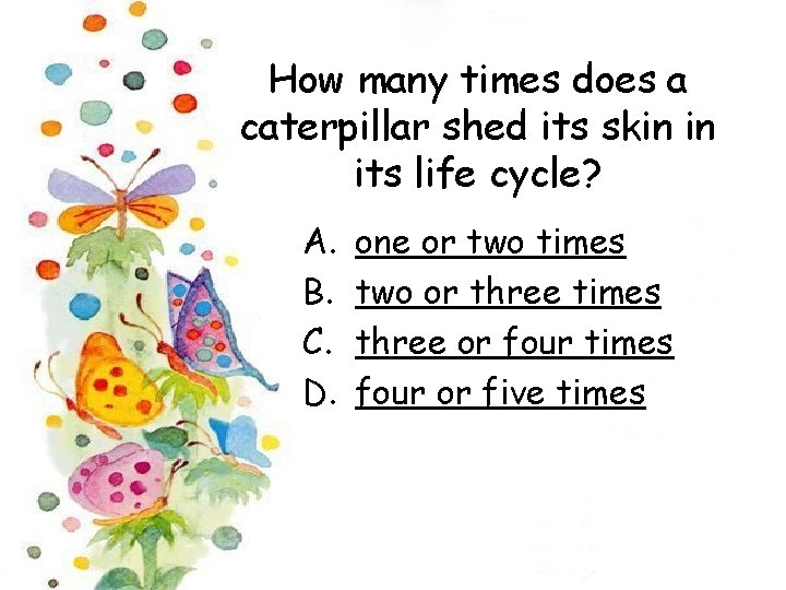 How many times does a caterpillar shed its skin in its life cycle? A.