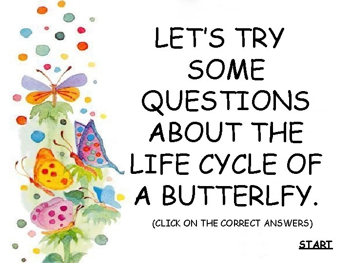 LET’S TRY SOME QUESTIONS ABOUT THE LIFE CYCLE OF A BUTTERLFY. (CLICK ON THE