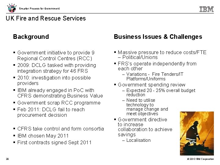 Smarter Process for Government UK Fire and Rescue Services Background Business Issues & Challenges