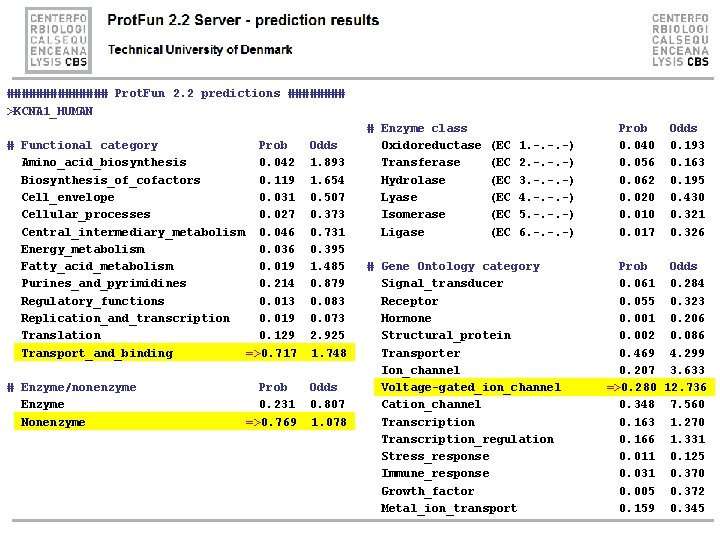 ####### Prot. Fun 2. 2 predictions #### >KCNA 1_HUMAN # Functional category Prob Odds ####### Prot. Fun 2. 2 predictions #### >KCNA 1_HUMAN # Functional category Prob Odds