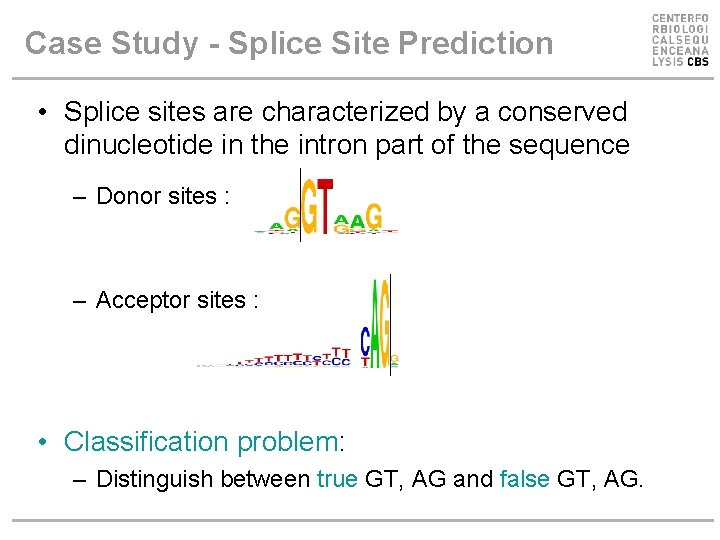 Case Study - Splice Site Prediction • Splice sites are characterized by a conserved Case Study - Splice Site Prediction • Splice sites are characterized by a conserved