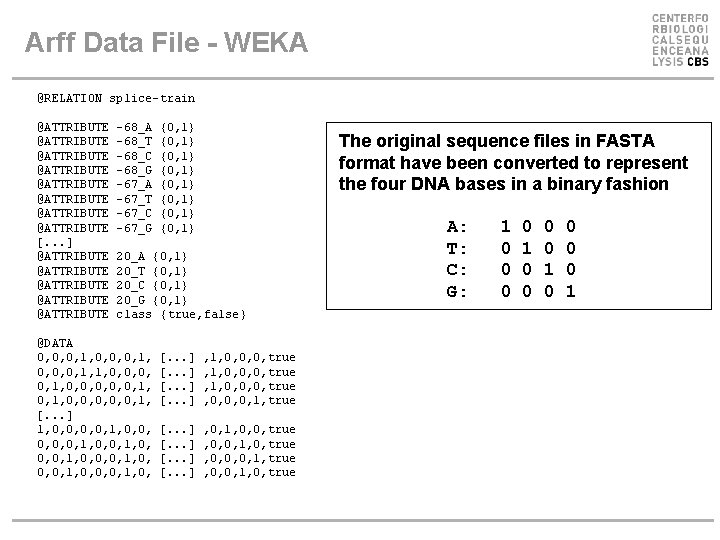 Arff Data File - WEKA @RELATION splice-train @ATTRIBUTE @ATTRIBUTE [. . . ] @ATTRIBUTE